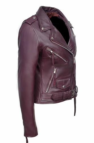 NEW Women Authentic Lambskin Leather Burgundy Jacket Slim Fit Biker Coat Belted - Picture 4 of 10