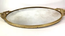 Oval Vanity Dresser Mirror Tray Ornate Gold Brass Metal  15x9 Vintage Regency