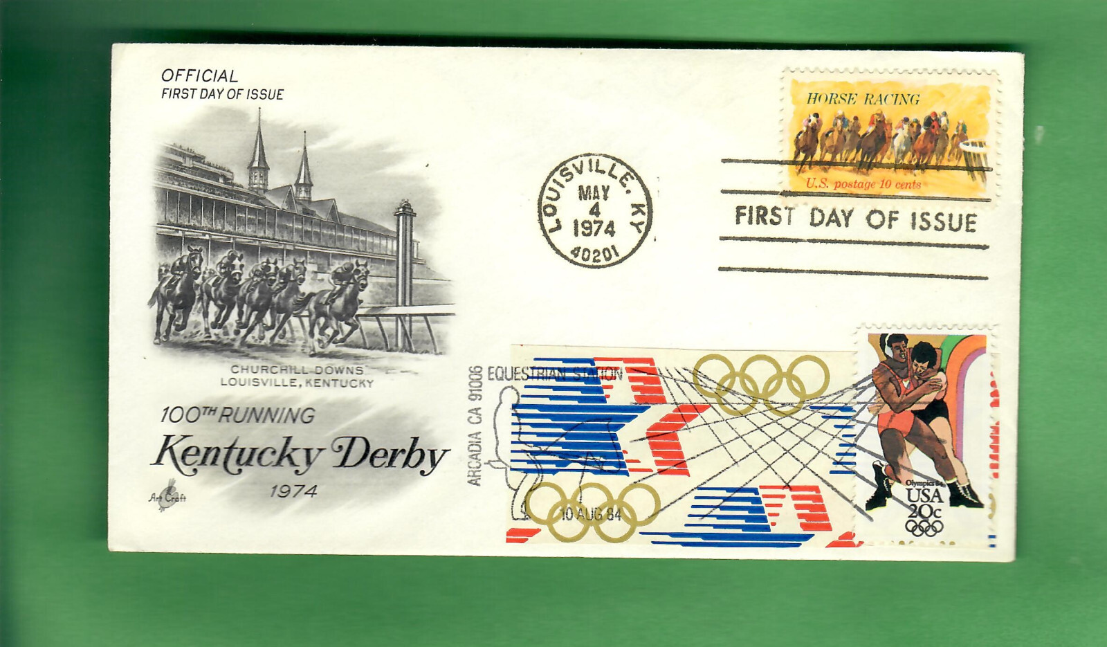 1974 KENTUCKY DERBY 100TH RUNNING - OFFICIAL FIRST DAY COVER - W/OLYMPIC STAMP