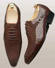 Handmade Men Brown Suede & Crocodile Leather Lace Up Business Shoes For Mens
