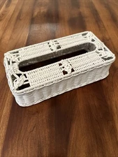 Wicker Rattan White Tissue Box Cover With Handles 10x5 Granny Core - Vintage
