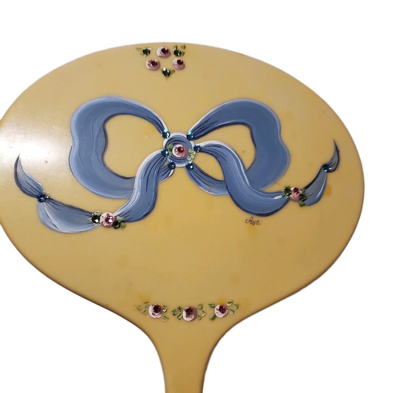 Vintage Vanity Hand Mirror Hand Painted blue bow