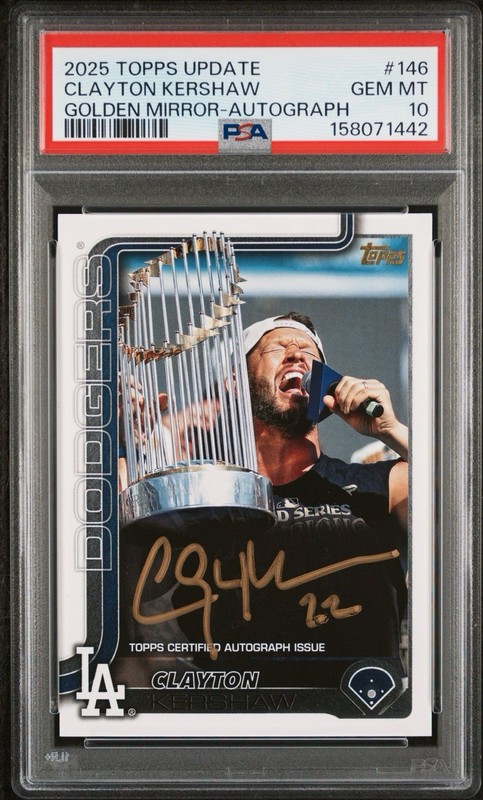 2025 Topps Update Clayton Kershaw Golden Mirror Variation Auto PSA 10 SSP Card