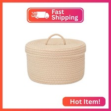 Sea Team Round Cotton Rope Storage Basket with Lid, Lidded Woven Storage Bin, Nu