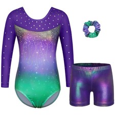 Gymnastics Leotards for Girls Mesh Sleeves Dancewear with Matching Shorts Set...