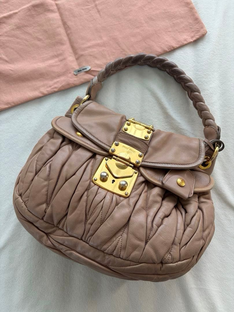 Miu Miu Matelasse 2Way Handbag Pink Beige Leather 2Way Shoulder