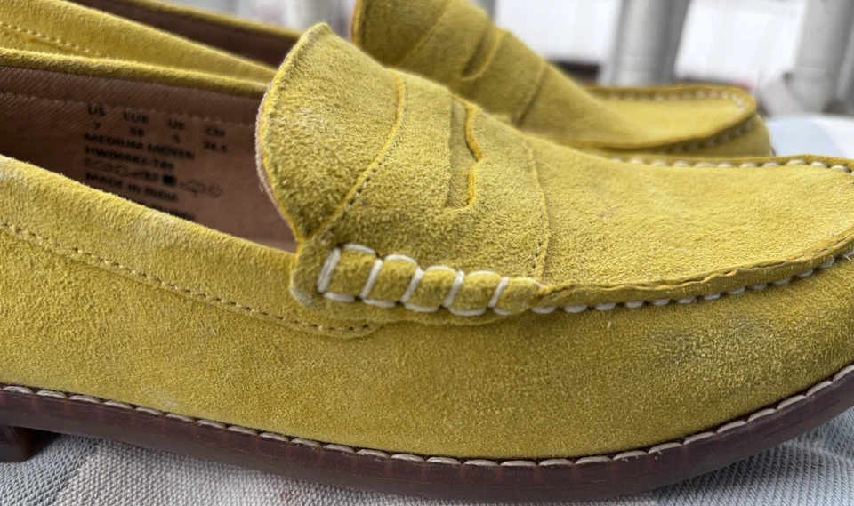 Women's Mustard Yellow Suede Hush Puppies Bounce Penny Loafers Slip On Shoes 7 - Image 3 of 4