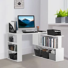 360° Rotating Home Office Corner Desk and Storage Shelf Combo  L-Shaped Table