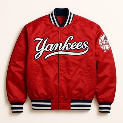 New York Yankees Red Satin Varsity Jacket, Yankees Baseball Bomber Jacket