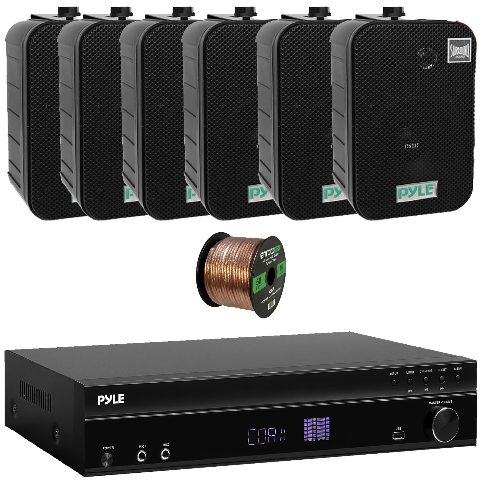 Pyle PT875BT Bluetooth Home Audio Receiver, 6x 5.25" 400W Black Speakers, Wire