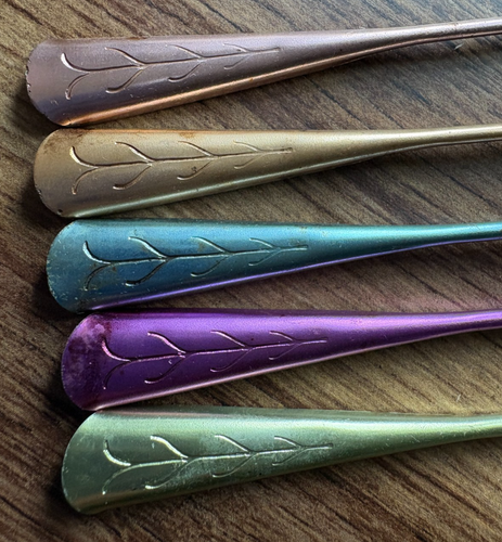 5 Vintage eloxierte Aluminium Tallstirs Getränk Rührstäbchen Blatt Motiv Mid Century MCM - Bild 2 von 4