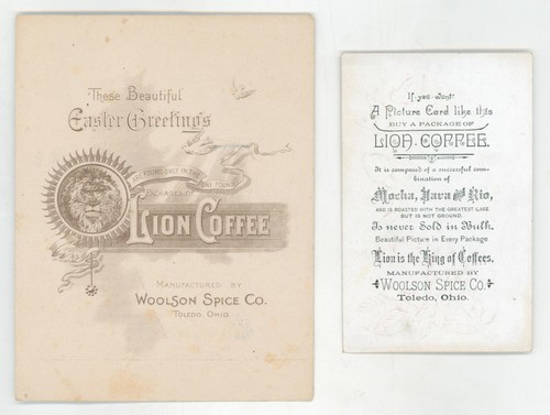 c1890 Lion Coffee Victorian Trade Cards Pair Lamb Floral Seaside Toledo OH Spice - Picture 2 of 2