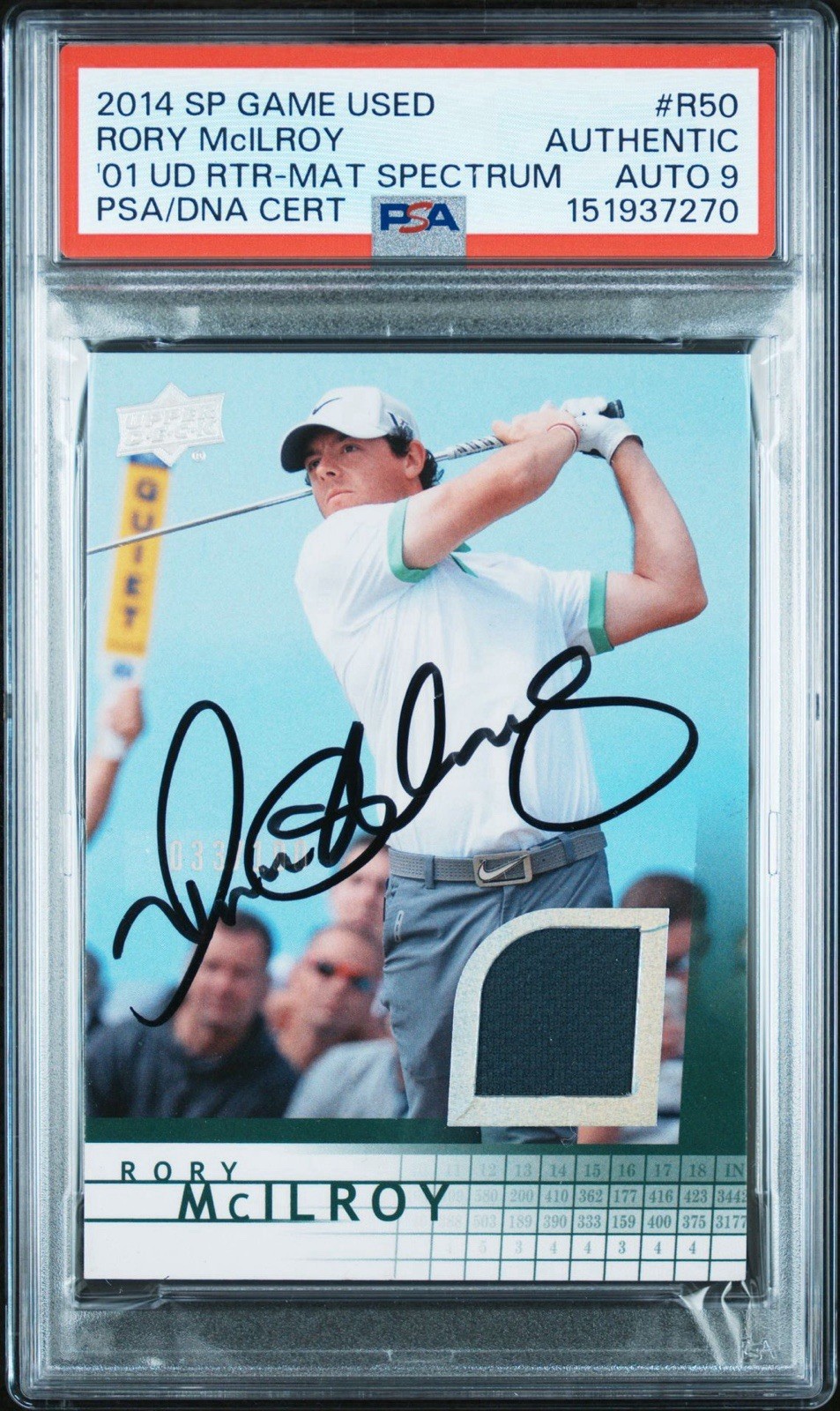 2014 SP Game Used Golf #R50 Rory Mcilroy Rookie Spectrum Mat /100 PSA AUTO 9 view 1