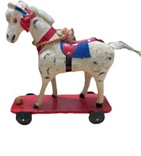 Vintage Handcrafted Wooden Horse Pull Toy on Wheels, 1940s-1950s, Antique