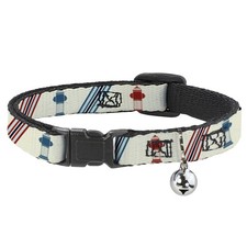 Cat Collar Breakaway with Bell Fire Hydrants/Stripes Tan/Blues/Reds NARROW Fits