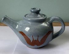 Studio Pottery stoneware Teapot blue/grey with brown bat motif design collectabl