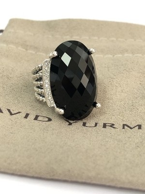 David Yurman 925 Silver Wheaton 26x16mm Oval Ring Black Onyx And Diamonds Size 7