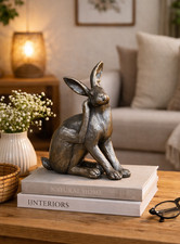 Small Antique Silver Effect Hare Ornament – Decorative Rabbit Sculpture 19cm