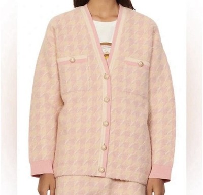 Sandro Dane Pink Houndstooth Oversized Cardigan Sweater 0/Small And Size 2 Skirt