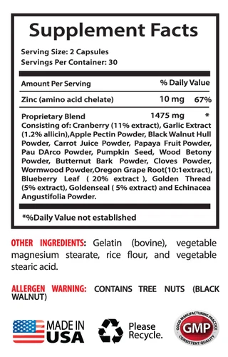 Candida Treatment Caps - Anti Parasite Cleanser 1485mg - And Parasites 2 Bottles
