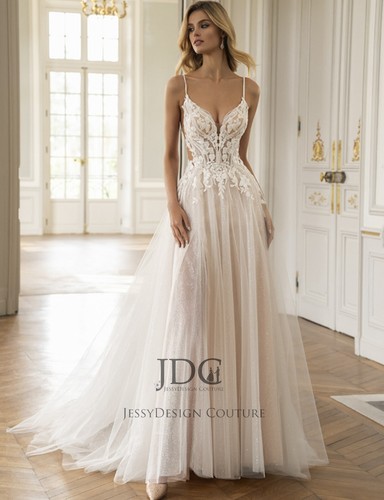 Blätt Spitze Brautkleid Hochzeit Maßanfertigung Illsusion Rücken 32-60 Glitzer