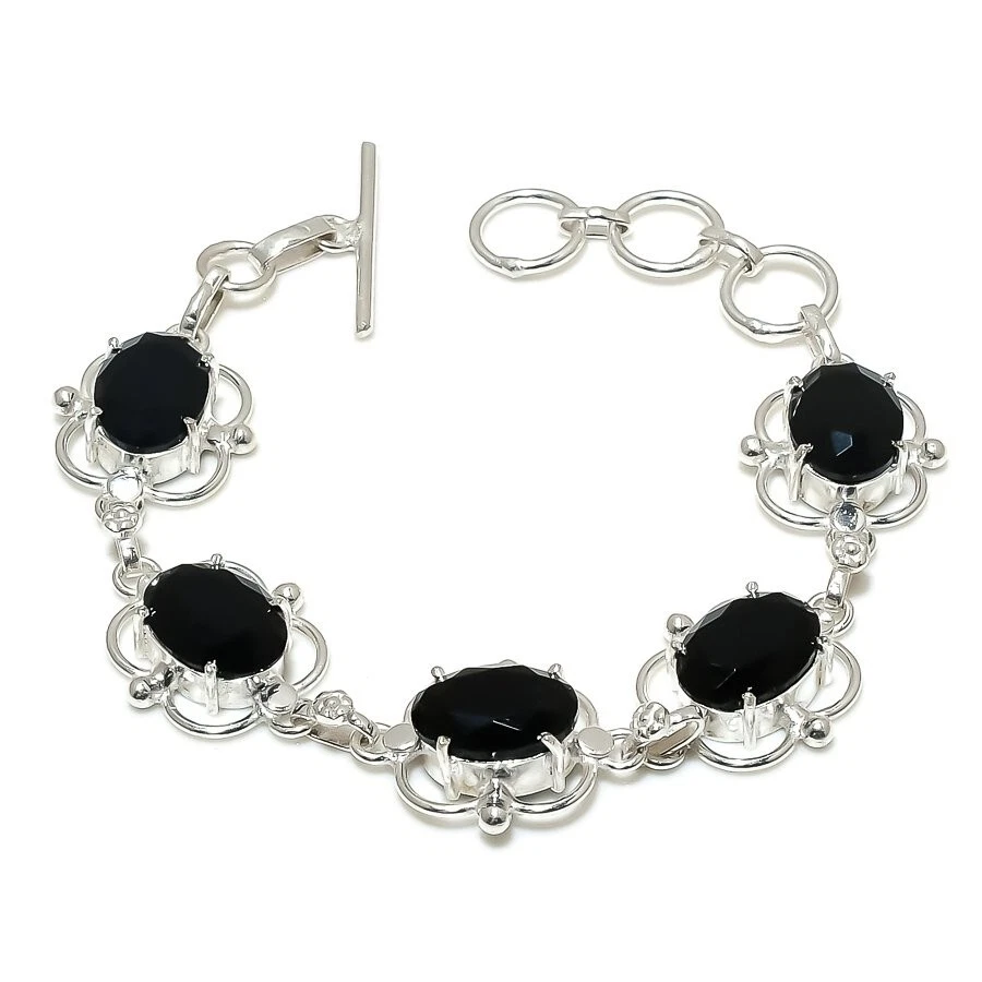 VALENTINO "Bracciale Gioielli Argento Sterling 925 Pietra Preziosa Spinello Nero Fatto a Mano Taglia 7 8"