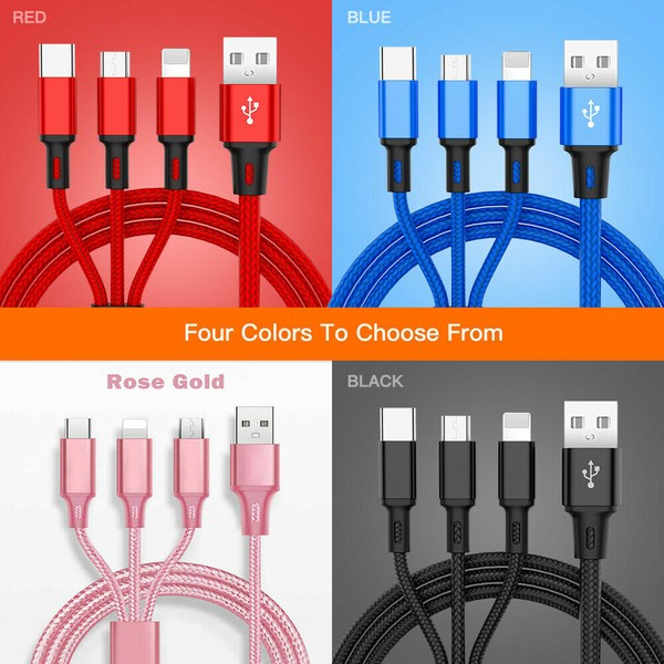 3 in 1 Fast USB Charging Cable Universal Multi Function Cell Phone Charger Cord