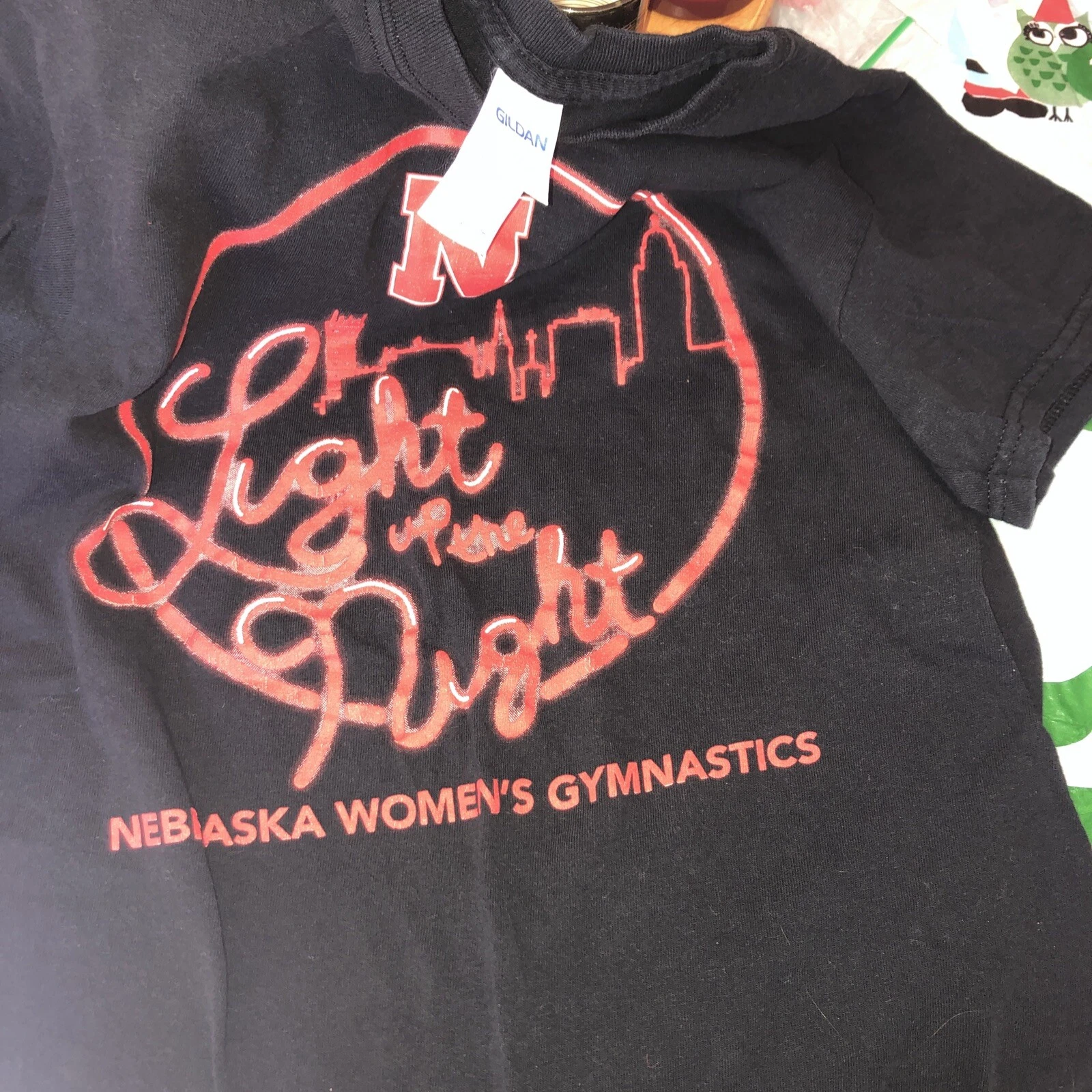 Gildan Adult Unisex Small NE Gymnastics, Light Up the Night Black & Red shirt