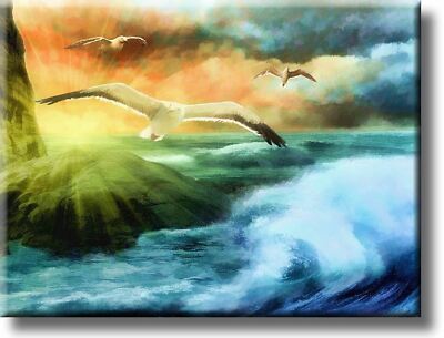 Seagulls Flying over Ocean Picture on Stretched Canvas, Wall Art Décor ...