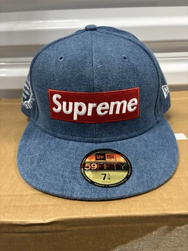 Casquette ajustée logo boîte rouge denim SS12 Supreme x New Era taille 7 1/4