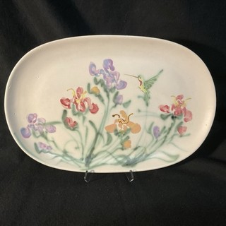 Clouds Folsom Pottery 13 x 8.5" Platter With Irises & Hummingbird 2000