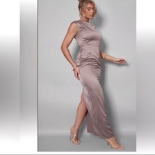 PRETTY LITTLE THING Taupe Satin Cutout Back Midi Dress Size 4 NEW NWT