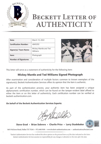 MICKEY MANTLE & TED WILLIAMS DUAL SIGNED BECKETT 8X10 PHOTOGRAPH AUTOGRAPH HOF ! - Picture 2 of 2