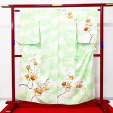 Japanese Kimono 'HOUMONGI' Silk/Light green/Gold/Flower/Length:160cm N1288