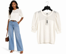 New DKNY White Puff Sleeve Knit Sweater Size XS Mesh Detail