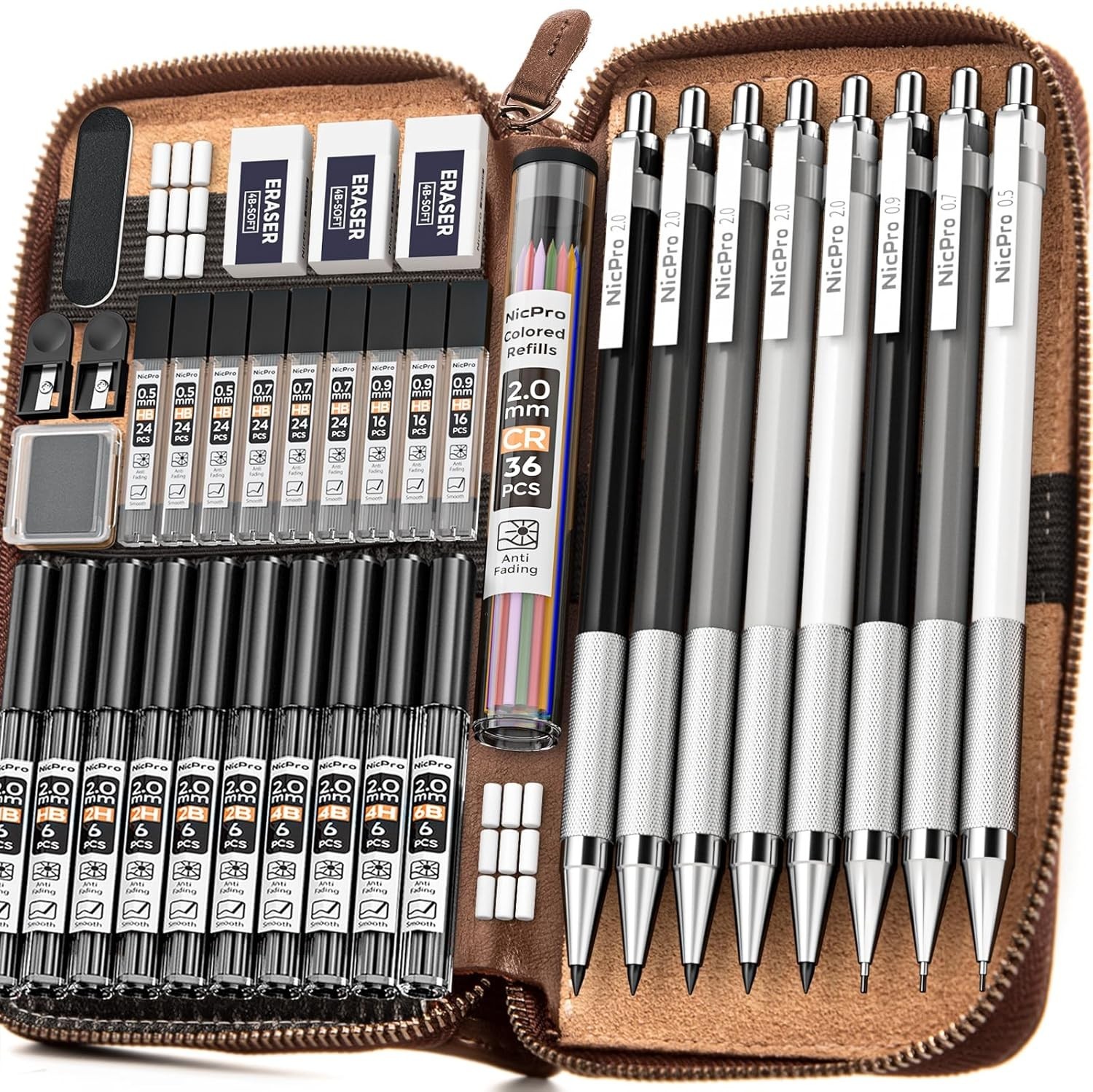 S Set In Leather Case, 3 Pcs Metal Drafting Pencil 0.
