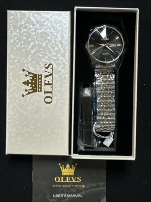 OLEVS Mens Watch Black Face, Gold/Silver Band, Day Date, Quartz
