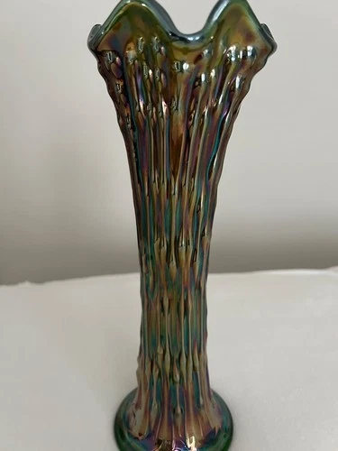 VTG Fenton Green April Showers Swung Iridescent Carnival Glass Vase
