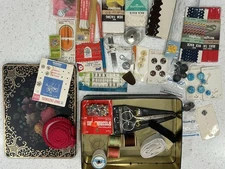 Black Tin Floral And Gold Box With Assorted Sewing Notions Some Wood Spools