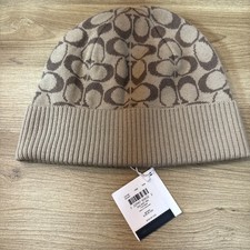 Coach Rib Knit Signature Beanie 100 Wool Khaki Brown Cap Hat NWT