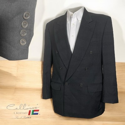 Cellini Uomo USA Made Sport Coat Mens 40R Gray Plaid Wool Double Breasted Peak
