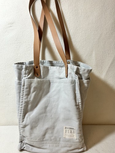 Feed Tote Bag Canvas Glacier Grey Tan Leather Gold Hardware Handbag No Closure