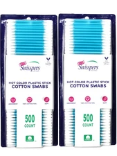2 Pack Swisspers Hot Color Cotton Swabs 100% Cotton Plastic Sticks 500 per Pack