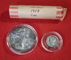 2016 AMERICAN SILVER EAGLE W/TONE,1928 LINCOLN WHEAT CENT ROLL,1945 MERCURY DIME