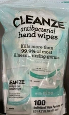 100 Cleanze Individually Wrapped Hand Wipes with Aloe - 6.5 x 4.5 - NEW