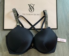 34B Victoria Secret Shine Strap Add-2-Cups Black Push Up Strappy Back Swim Top
