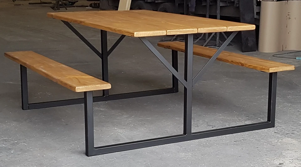 Dining Table And Benches. Rustic, Picnic bench style, vintage. - Image 3 of 4