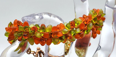 Orange And Green Glass Beaded Bracelet 8'' Fruit Salad  Copper Toggle Clasp