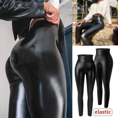 Women Faux Leather Leggings Tummy Control High Waist Pants PU Stretchy Pleather