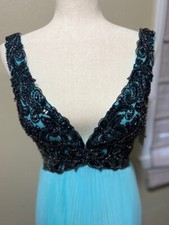 Tony Bowls Evening Black Lace Sequin Bodice w Flowing Turquoise Dress 6, NWT